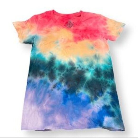 tie dyed t-shirt unisex S v-neck pink purple blue sunset clouds short sleeve - Picture 1 of 4